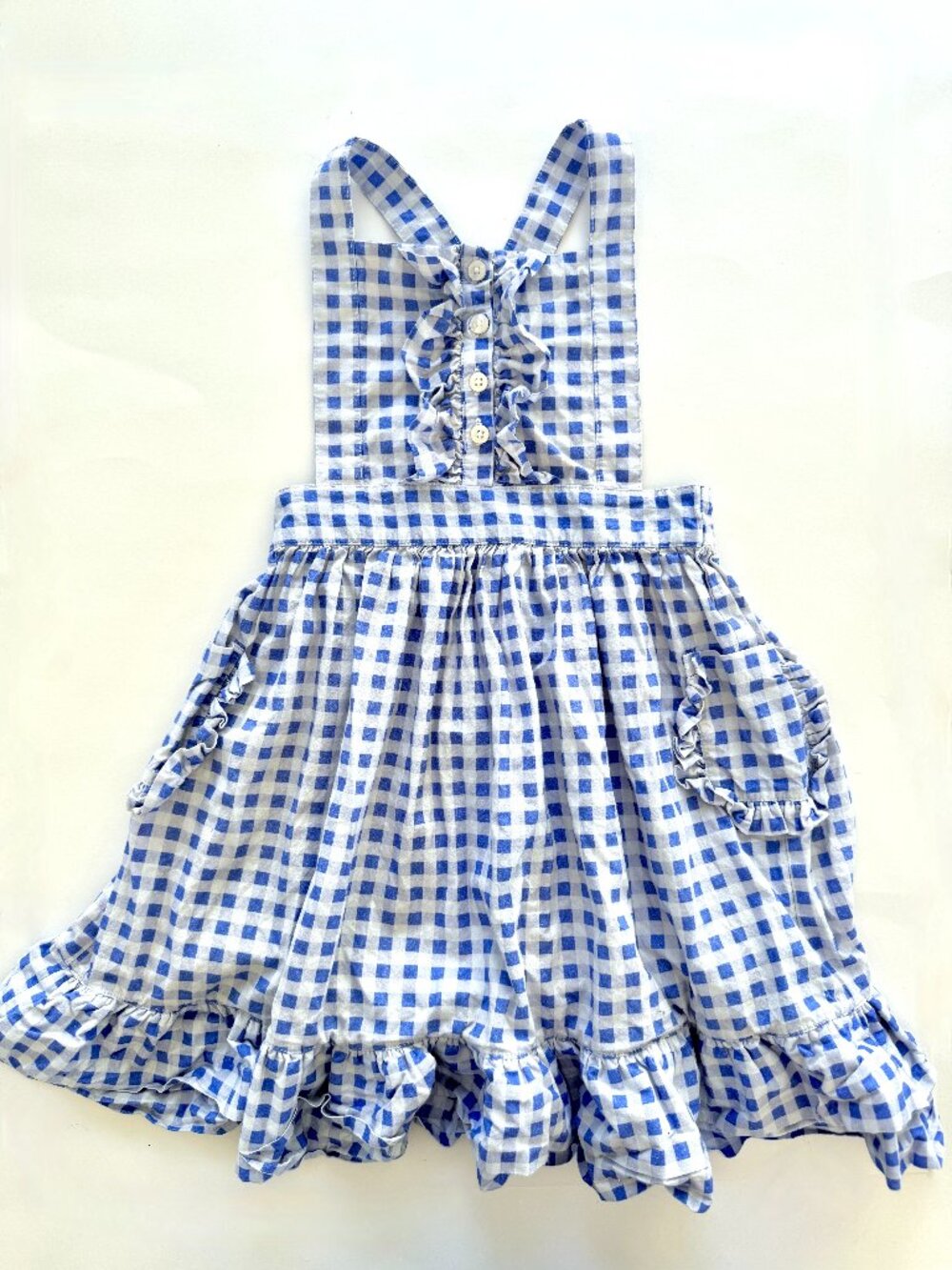 Kate Quinn 5Y Girls Pinafore Dress NWT Blue Gingham Ruffle Pocket Organic Cotton